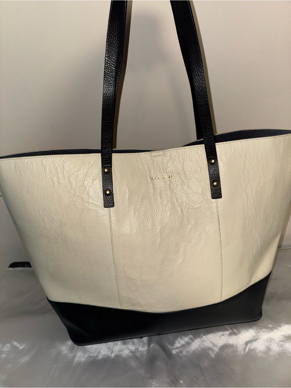 Cole Haan Two-Tone Cream and Navy Leather Tote Bag